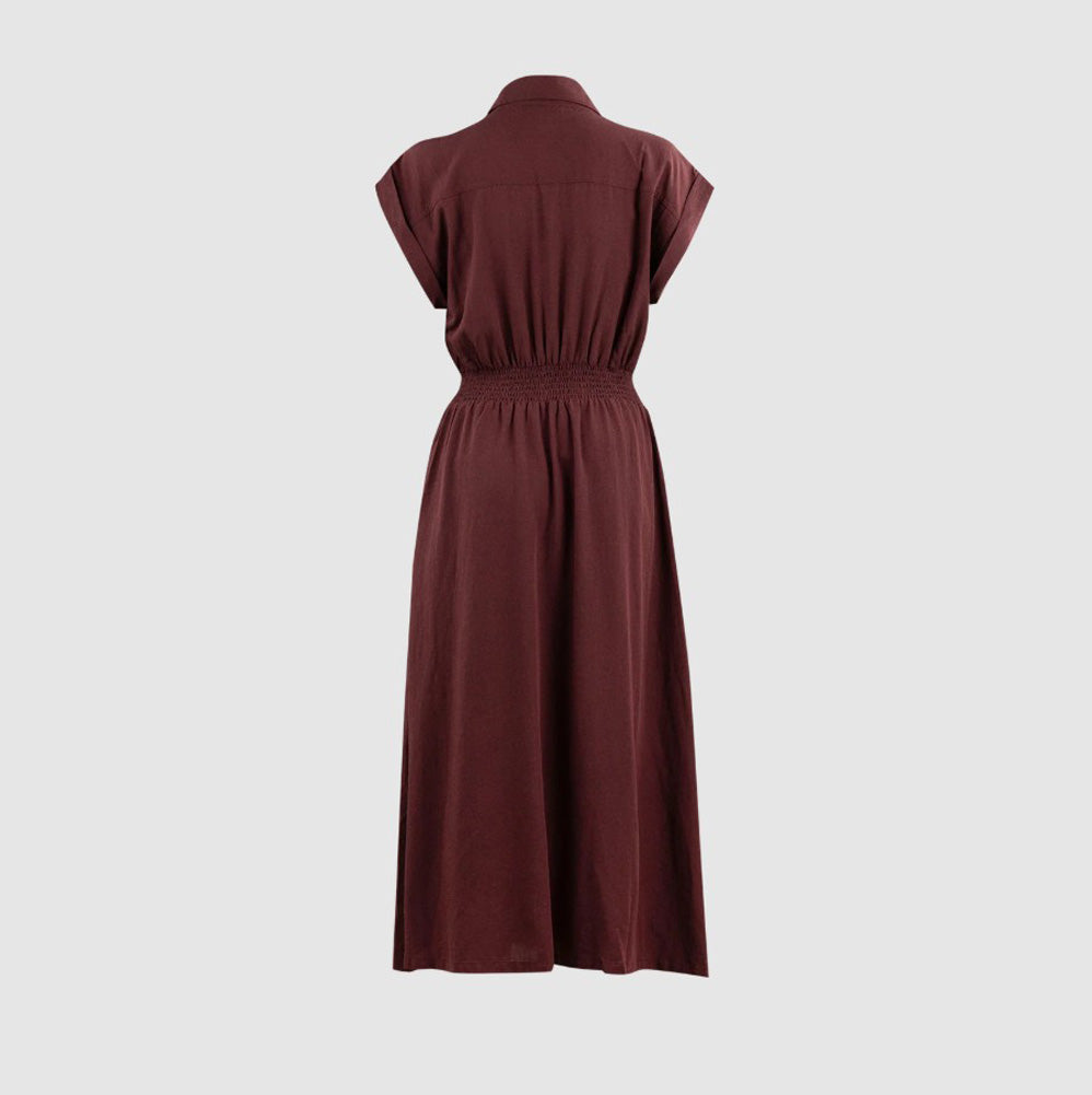 Collared Zip Up Midi Dress with Drop Sleeve in Wine by She + Sky