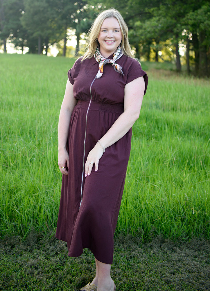 Collared Zip Up Midi Dress with Drop Sleeve in Wine by She + Sky