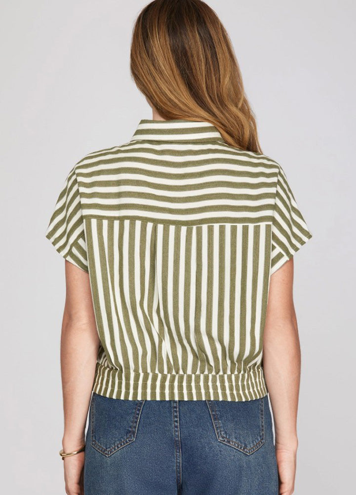 Striped Button Down Crop Top in Olive by She + Sky