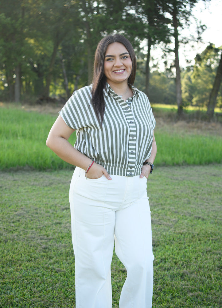 Striped Button Down Crop Top in Olive by She + Sky