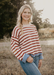 LS Stripe Sweater Top in Pink/Wine by She + Sky