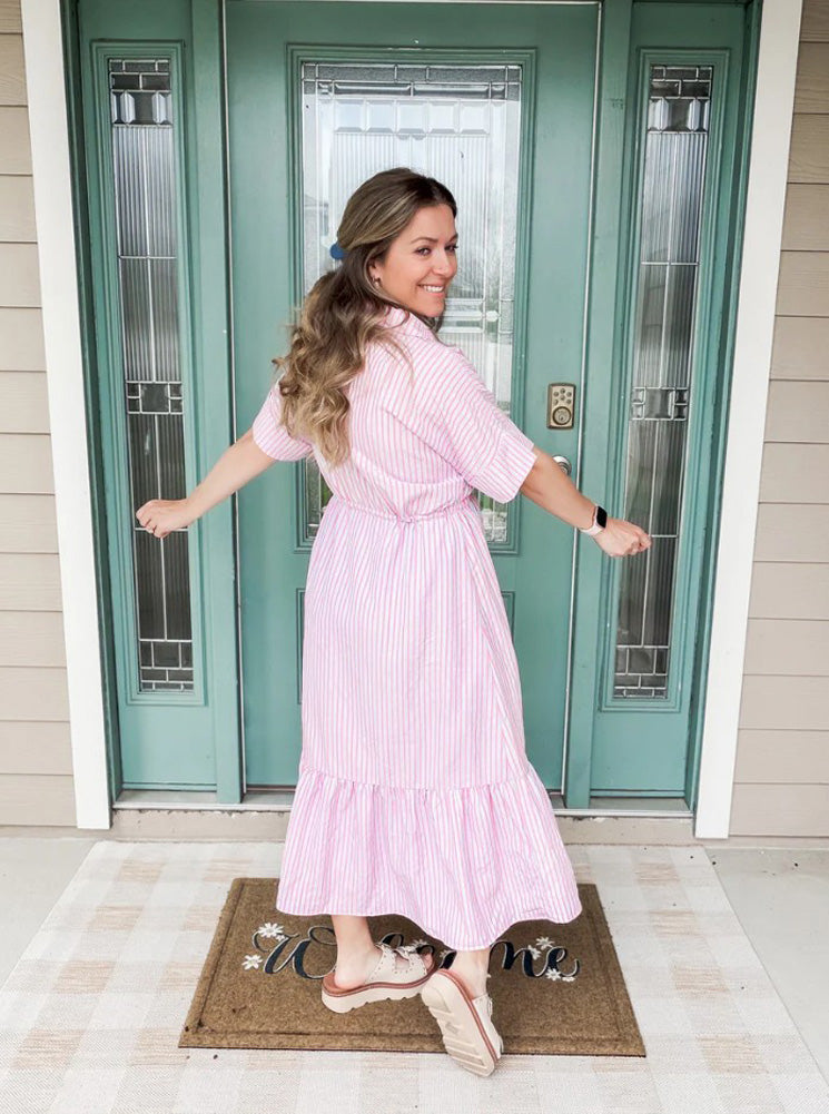 Sunshine Striped Midi Dress in Pink by Fiercely Chic