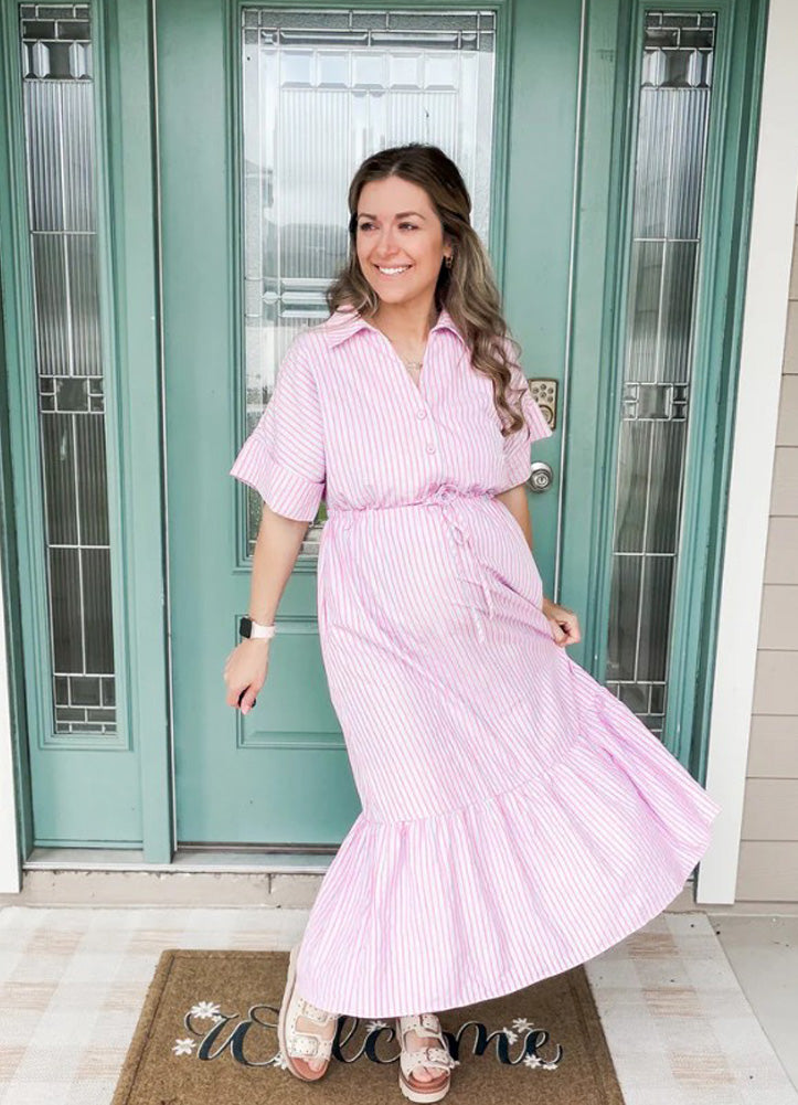 Sunshine Striped Midi Dress in Pink by Fiercely Chic