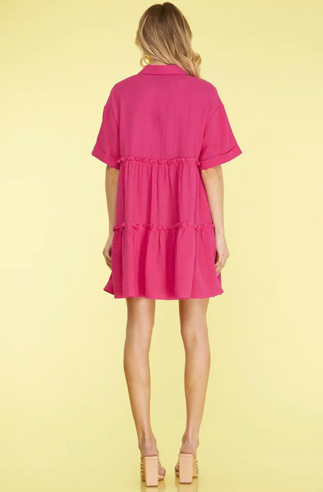 Half Sleeve Button Down Gauze Dress in Hot Pink by She + Sky
