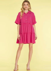 Half Sleeve Button Down Gauze Dress in Hot Pink by She + Sky