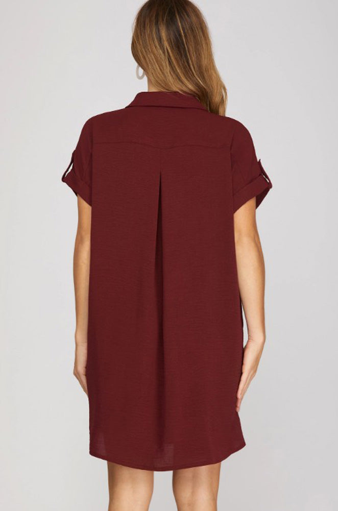 Drop Shoulder Button Up Woven Shirt Dress in Garnet by She + Sky