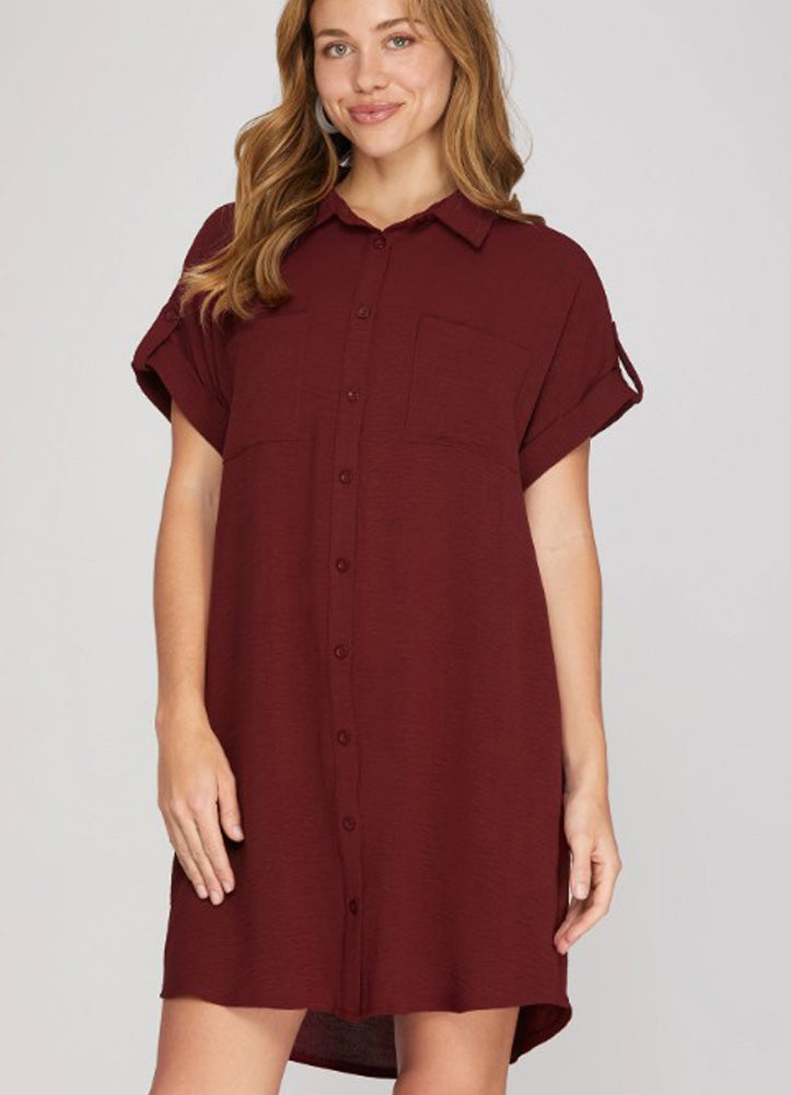 Drop Shoulder Button Up Woven Shirt Dress in Garnet by She + Sky