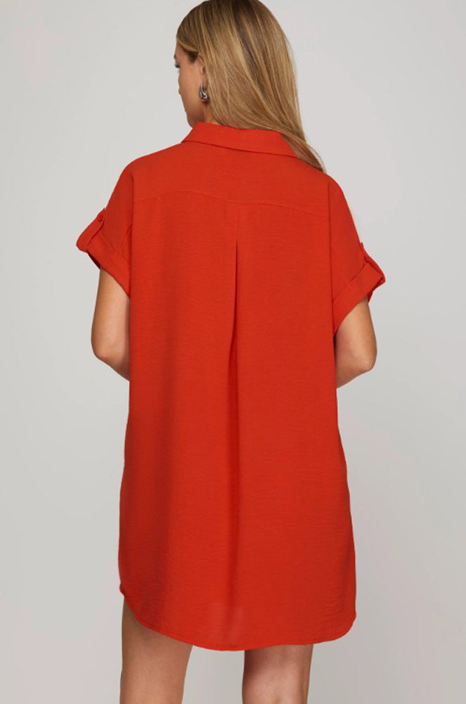 Drop Shoulder Button Up Woven Shirt Dress in Red by She + Sky