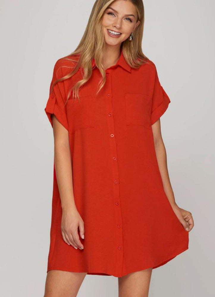 Drop Shoulder Button Up Woven Shirt Dress in Red by She + Sky