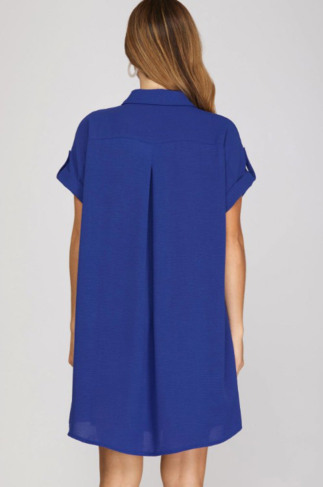 Drop Shoulder Button Up Woven Shirt Dress in Royal Blue by She + Sky