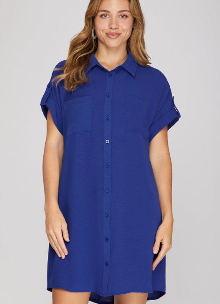 Drop Shoulder Button Up Woven Shirt Dress in Royal Blue by She + Sky
