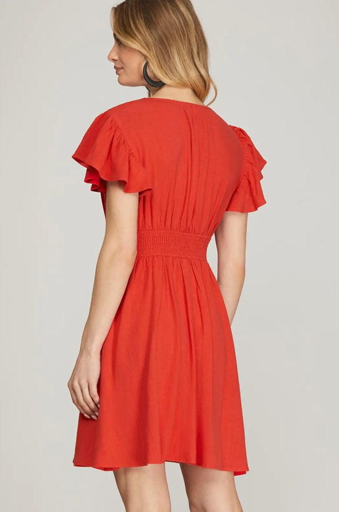 Flutter Sleeve Button Up Dress in Red by She + Sky