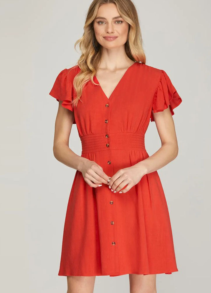 Flutter Sleeve Button Up Dress in Red by She + Sky
