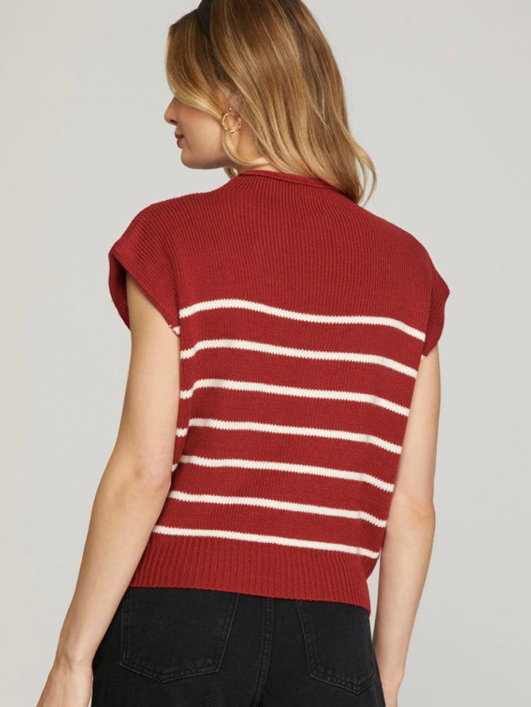Mock Neck Striped Sweater in Burgundy by She + Sky