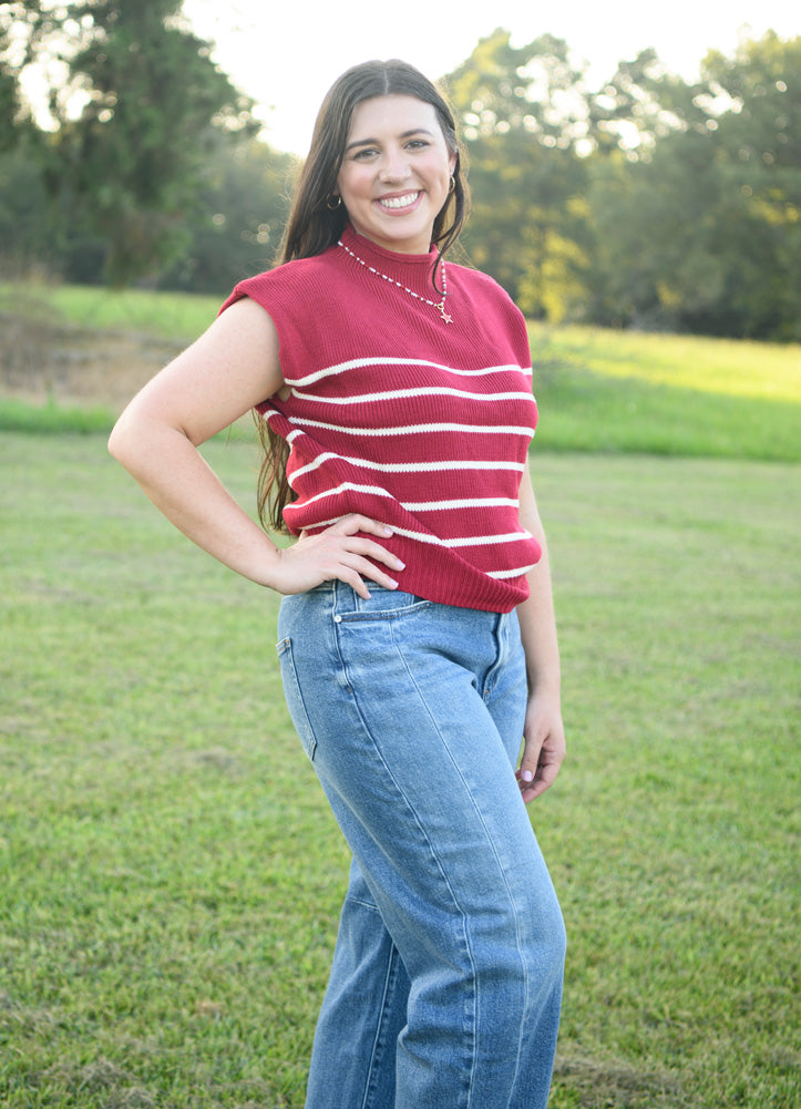 Mock Neck Striped Sweater in Burgundy by She + Sky