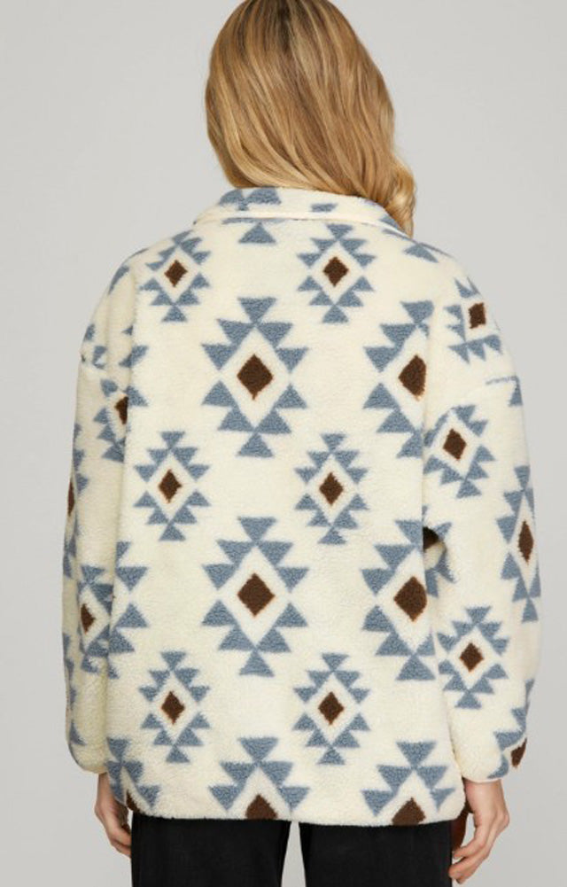 Print Teddy Pullover LS in Blue/Grey by She + Sky