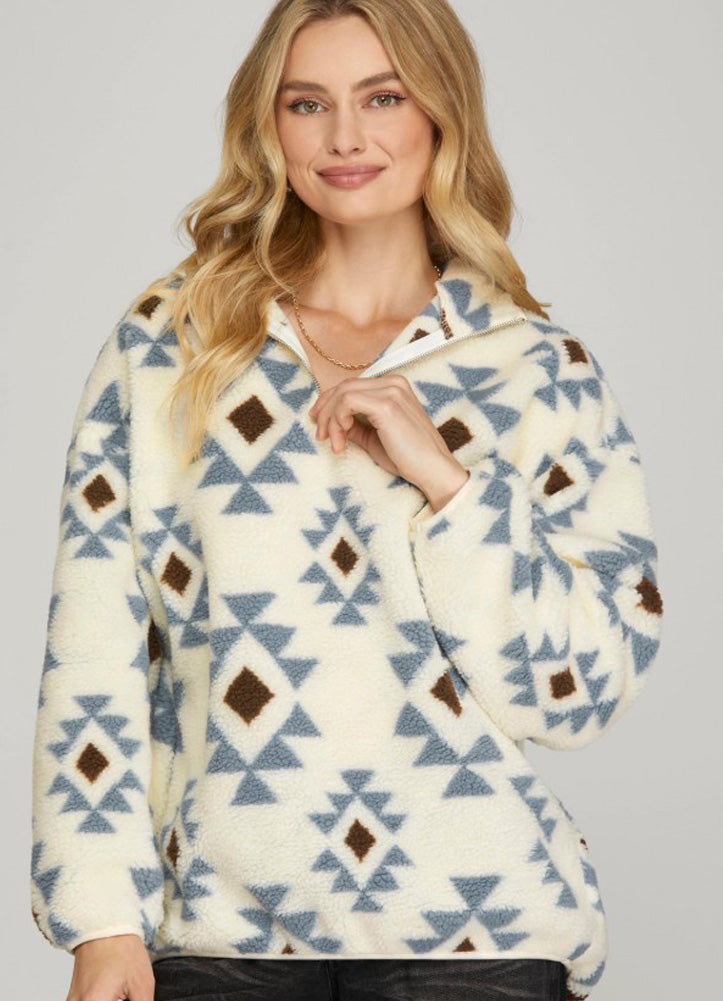 Print Teddy Pullover LS in Blue/Grey by She + Sky