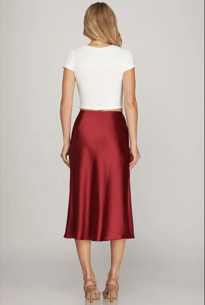 Satin Midi Skirt in Red by She + Sky