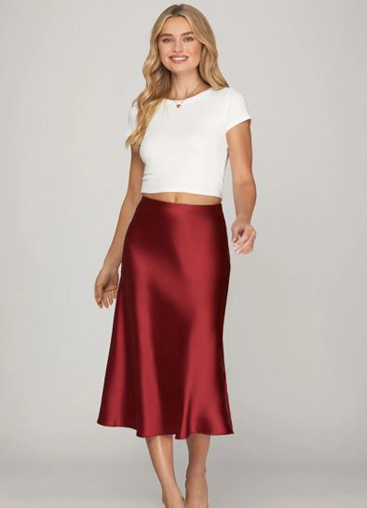 Satin Midi Skirt in Red by She + Sky