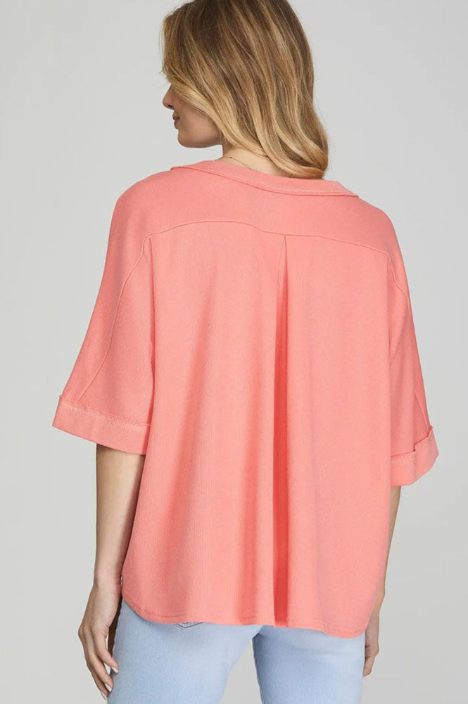 Half Sleeve Knit Top with Raw Hem in Coral Pink by She + Sky