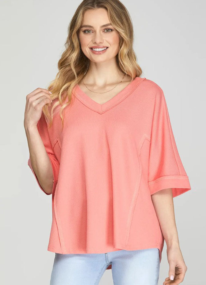 Half Sleeve Knit Top with Raw Hem in Coral Pink by She + Sky