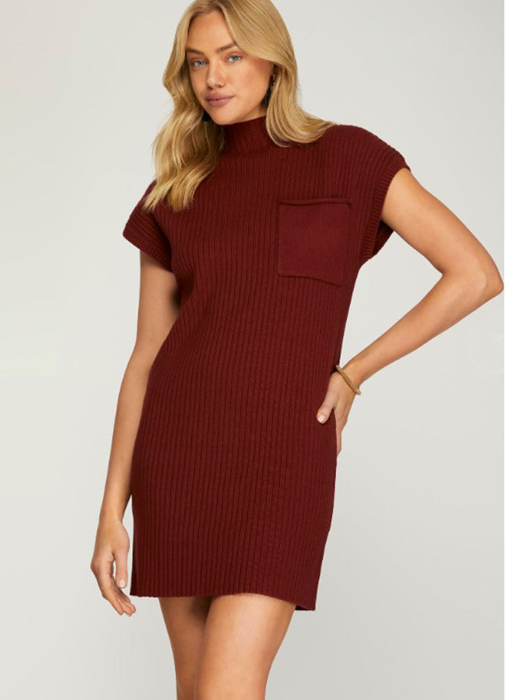 Mock Neck Sweater Dress in Wine by She + Sky
