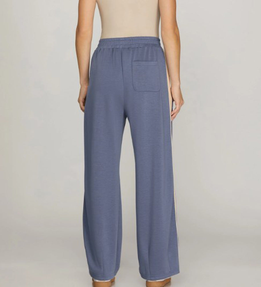 Scuba Knit Pants with Contrast in Dusty Blue by She + Sky
