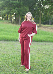Scuba Knit Pants with Contrast in Wine by She + Sky