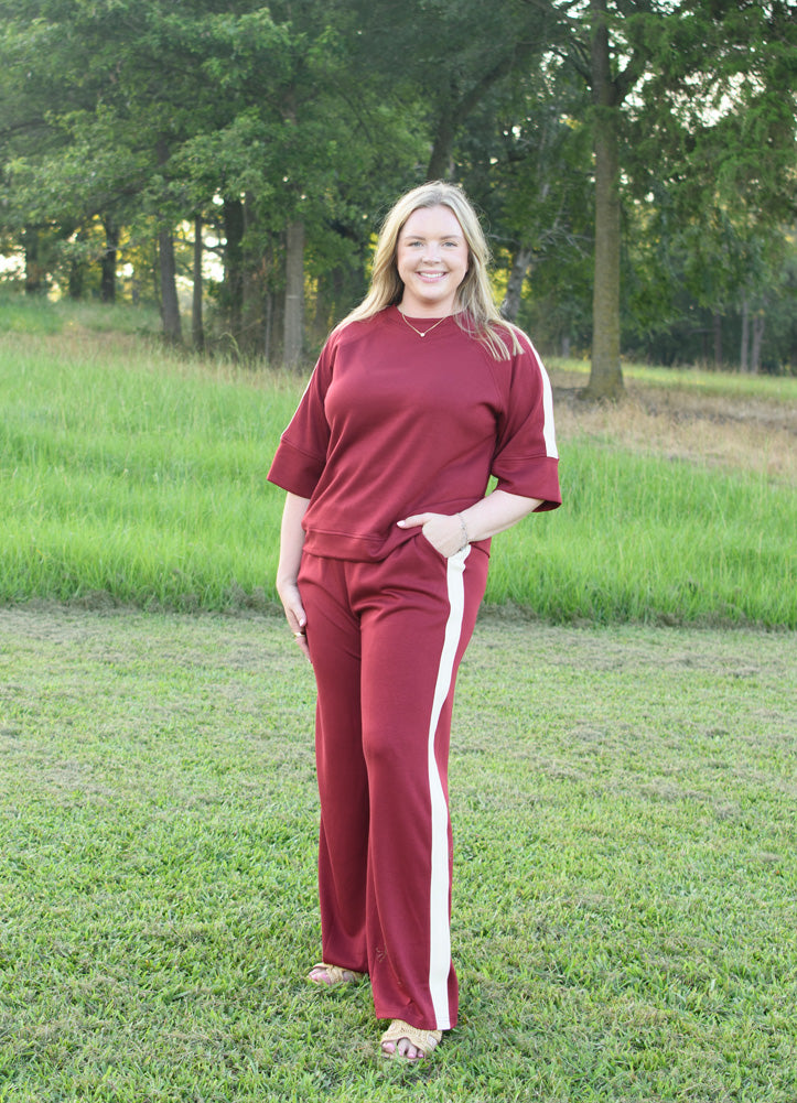 Scuba Knit Pants with Contrast in Wine by She + Sky