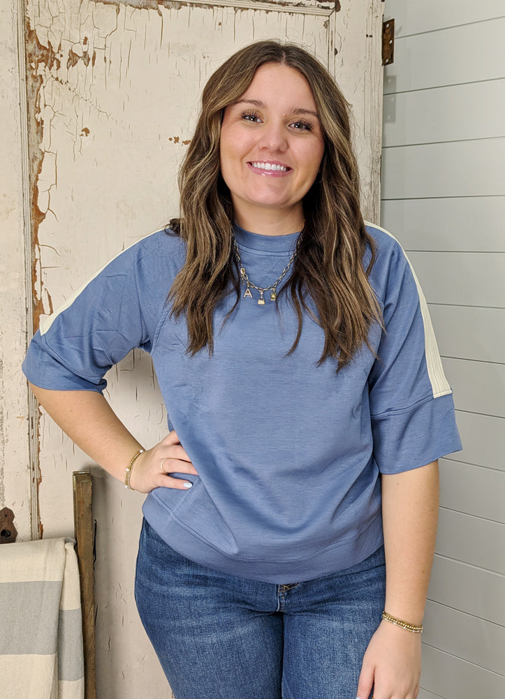 Half Sleeve Scuba Knit Top in Dusty Blue by She + Sky