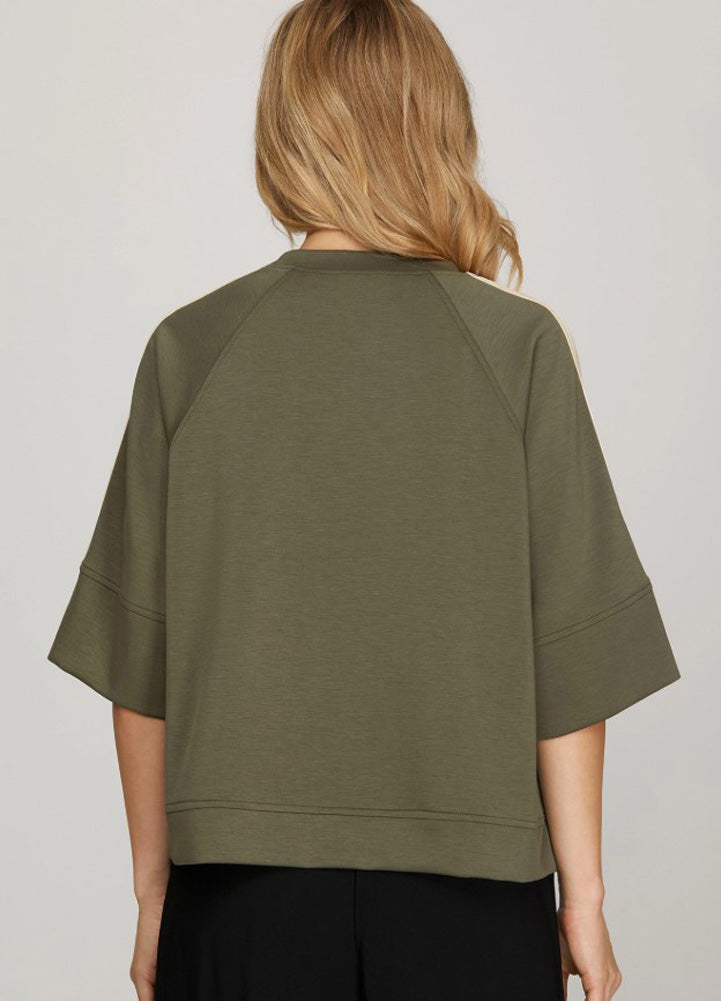 Half Sleeve Scuba Top with Contrast in Olive by She + Sky