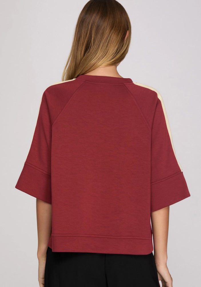 Half Sleeve Scuba Top with Contrast in Wine by She + Sky