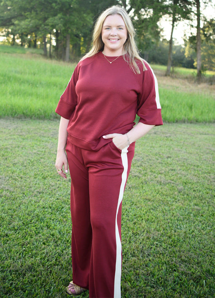 Half Sleeve Scuba Top with Contrast in Wine by She + Sky