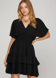 Drop Shoulder SS Tiered Mini Dress in Black by She + Sky