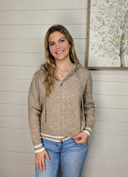Zip Up LS Knit Hooded Cardigan with Contrast Line in Taupe by She + Sky