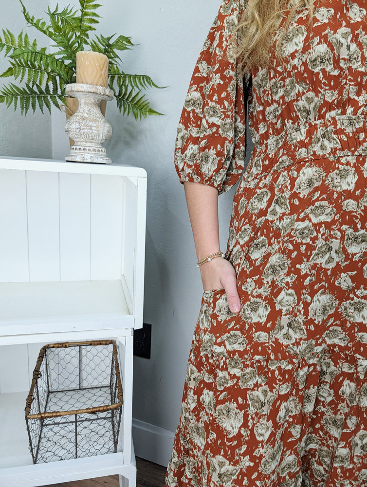 3/4 Sleeve Print Midi Dress in Cinnamon/Taupe by She + Sky
