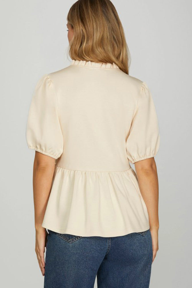Ruffled Neck Knit Top SS in Ecru by She + Sky