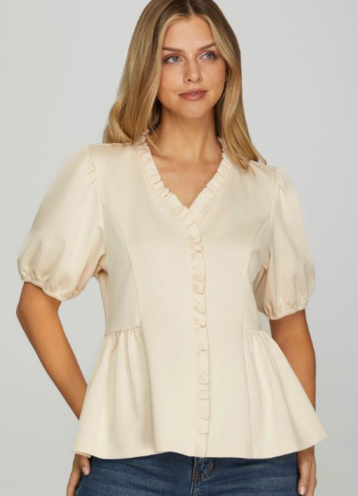 Ruffled Neck Knit Top SS in Ecru by She + Sky