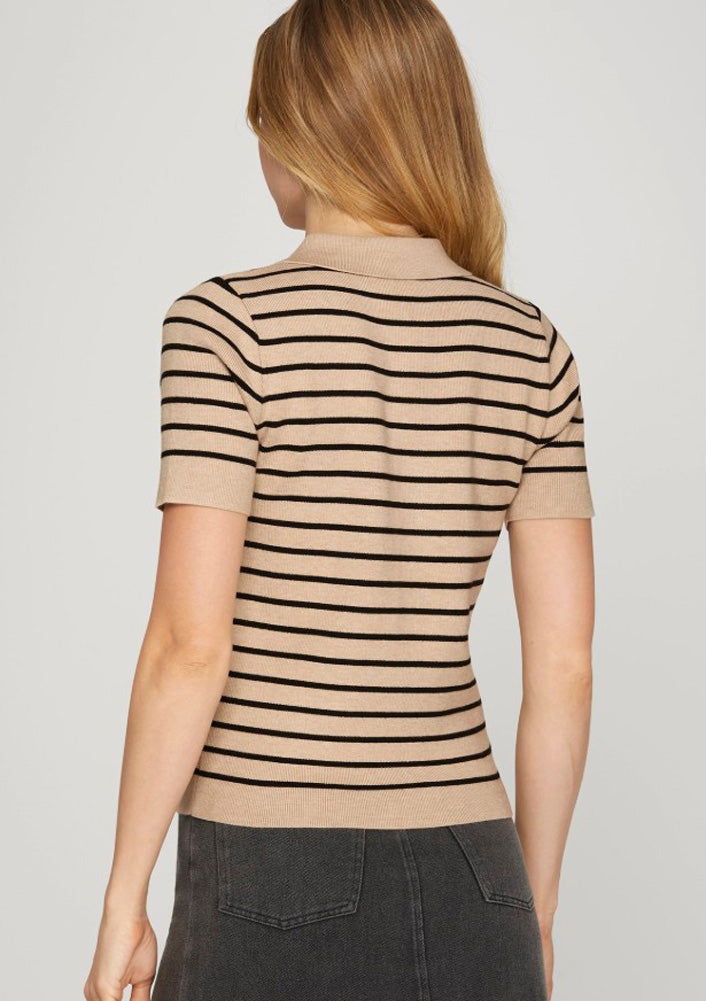 Button Down Striped Cardigan SS in Black by She + Sky
