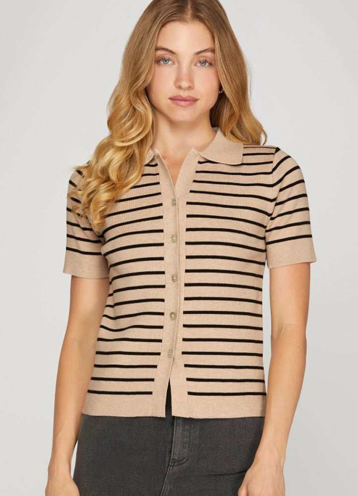 Button Down Striped Cardigan SS in Black by She + Sky