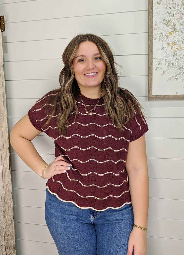 Drop SS Scallop Stripe Sweater Top in Wine by She + Sky
