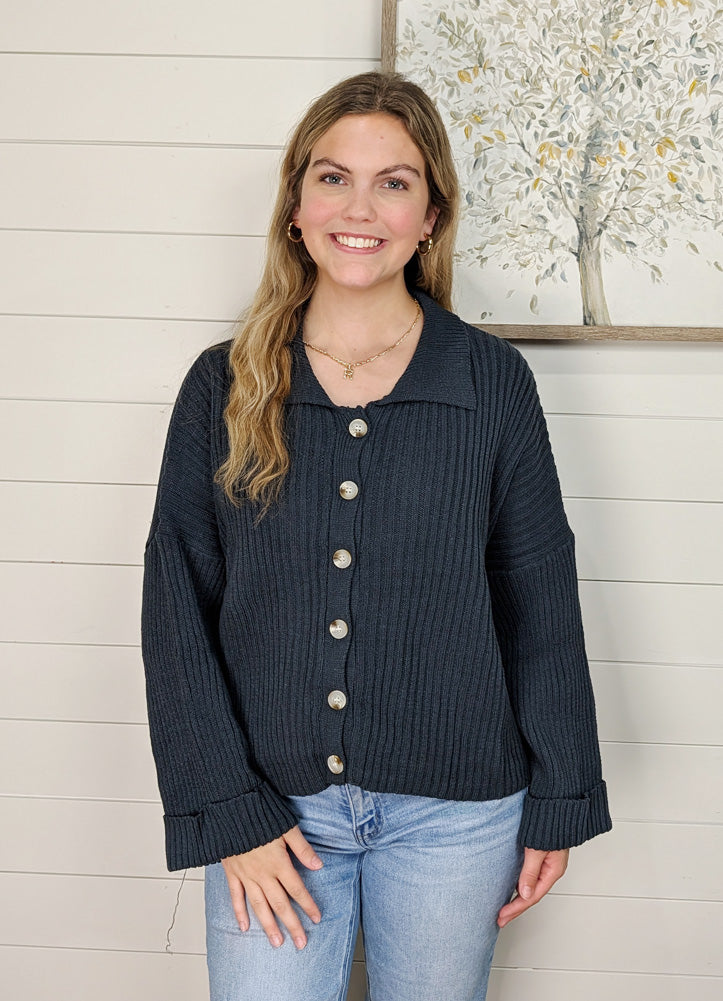 Folded LS Collared Button Down Ribbed Sweater in Navy by She + Sky
