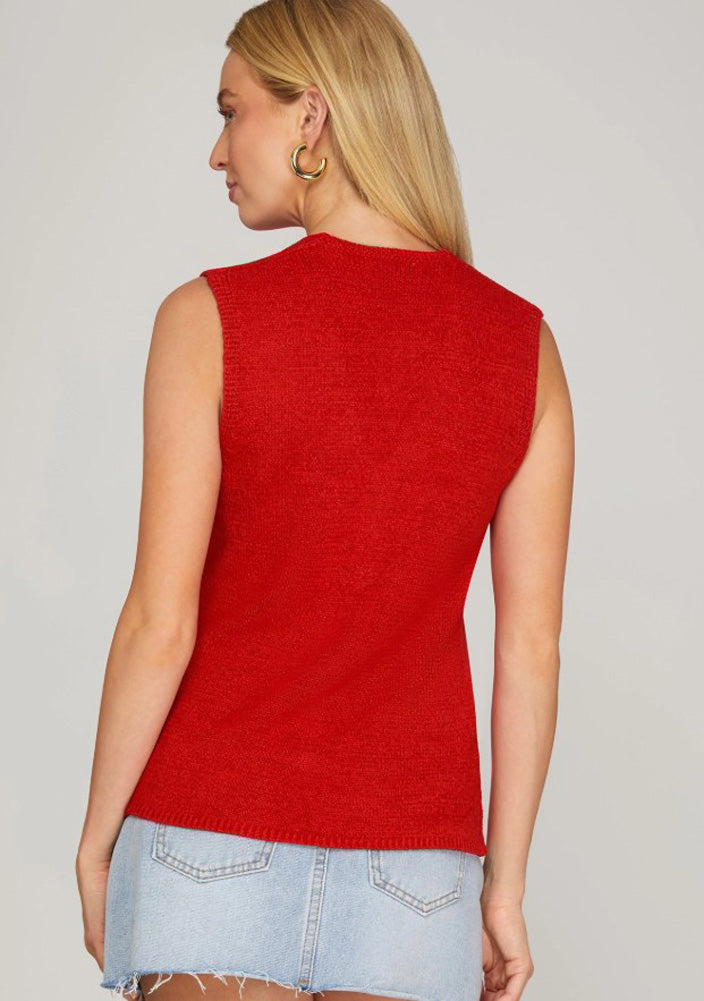 Sleeveless V Neck Button Down Knit Sweater Vest in Red by She + Sky