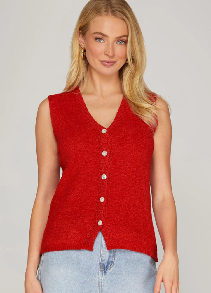 Sleeveless V Neck Button Down Knit Sweater Vest in Red by She + Sky