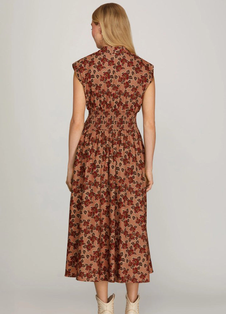 Drop Shoulder Smocked Waist Front Zip Print Midi Dress in Dusty Rose/Wine by She + Sky