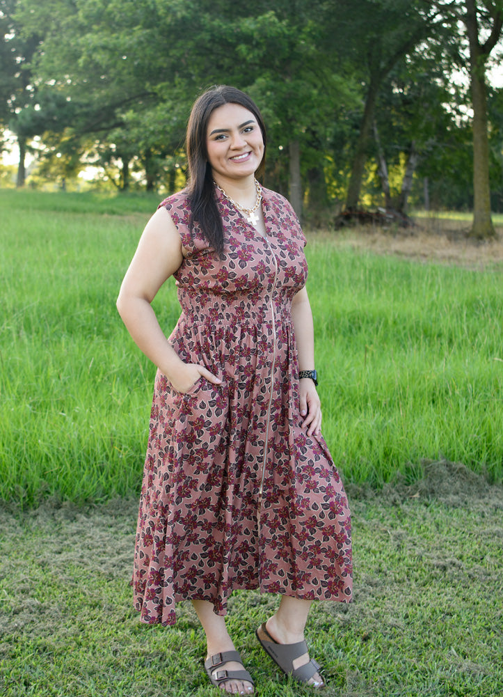 Drop Shoulder Smocked Waist Front Zip Print Midi Dress in Dusty Rose/Wine by She + Sky