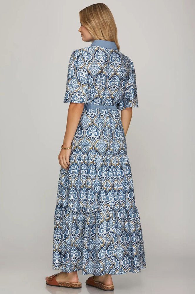 Bell Sleeve Button Down Print Maxi Shirt Dress in Blue by She + Sky