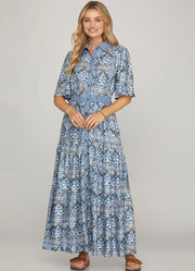 Bell Sleeve Button Down Print Maxi Shirt Dress in Blue by She + Sky