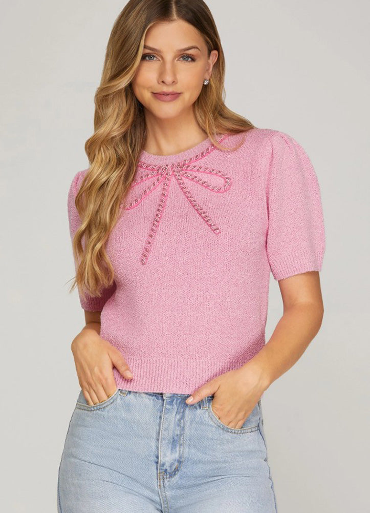 Half Sleeve Bow Beaded Sweater Top in Pink by She + Sky