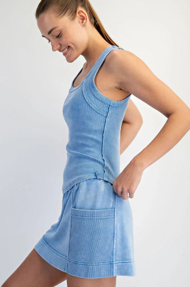 Mineral Washed Ribbed Sleeveless Tank in Aqua Splash by Rae Mode